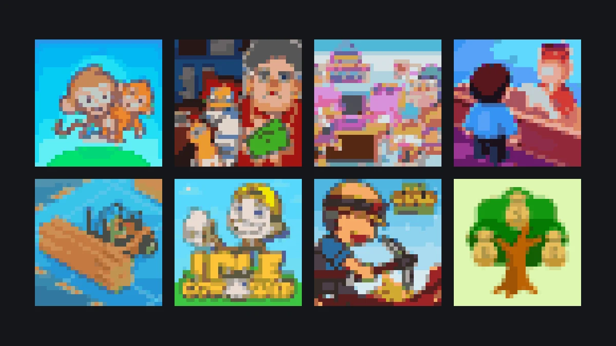 Pixel-art grid of Monkey Mart and other games you can play on monkey-mart.io